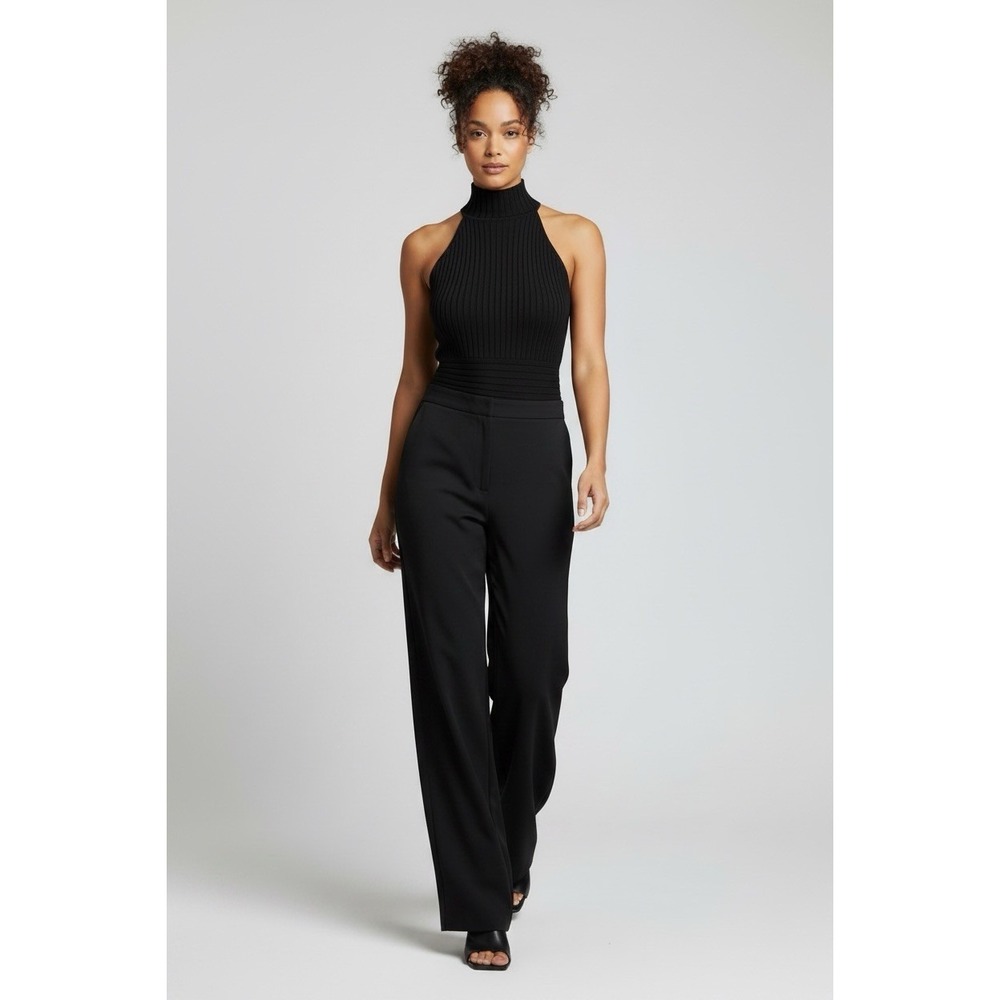 Cache Silk Blend Black Halter Top Ribbed Knit Y2K 2000s Glam Open Back Fitted
